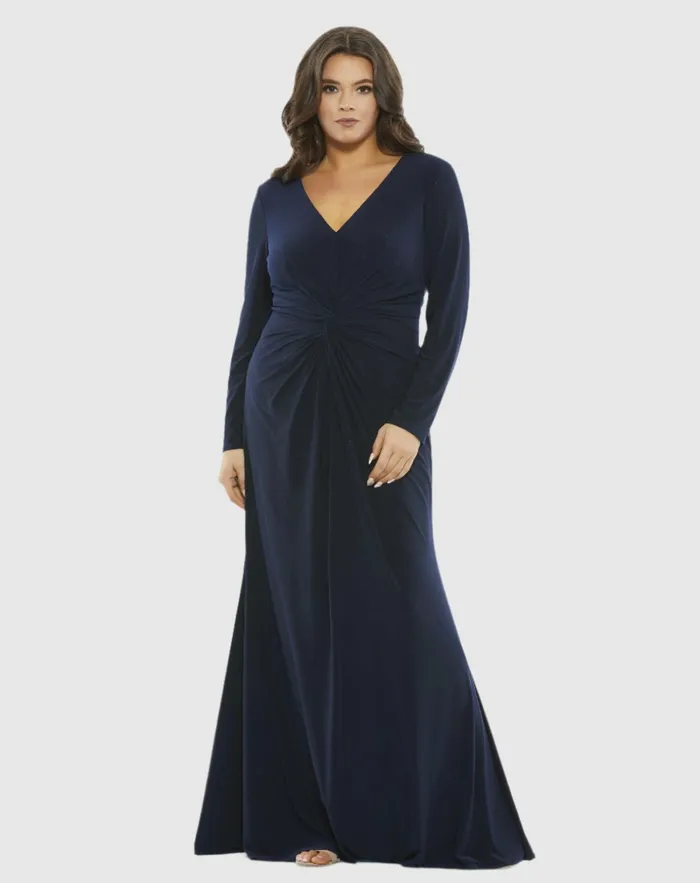 Mac Duggal Front Twist Long Sleeve VNeck Gown Plus Midnight Women Plus Size Dresses Mac Duggal Front Twist Long Sleeve VNeck Gown Plus Midnight Women Plus Size Dresses
