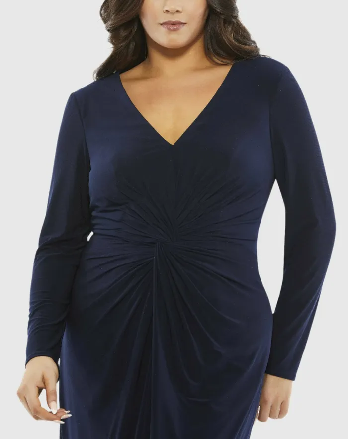Mac Duggal Front Twist Long Sleeve VNeck Gown Plus Midnight Women Plus Size Dresses Mac Duggal Front Twist Long Sleeve VNeck Gown Plus Midnight Women Plus Size Dresses