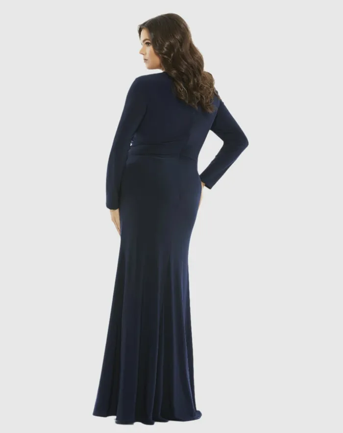 Mac Duggal Front Twist Long Sleeve VNeck Gown Plus Midnight Women Plus Size Dresses Mac Duggal Front Twist Long Sleeve VNeck Gown Plus Midnight Women Plus Size Dresses