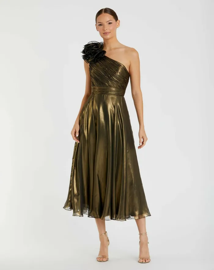 Mac Duggal Gold Rosette One Shoulder Tea Length Dress Antique Gold Women Best Sellers Mac Duggal Gold Rosette One Shoulder Tea Length Dress Antique Gold Women Best Sellers