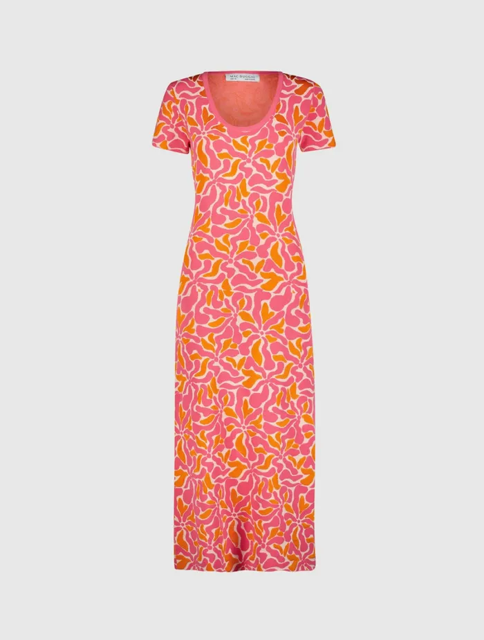 Mac Duggal Short Sleeve Scoop Neck Floral Knit Maxi Dress 8211 FINAL SALE Hot Pink Multi Women Every Day Dresses