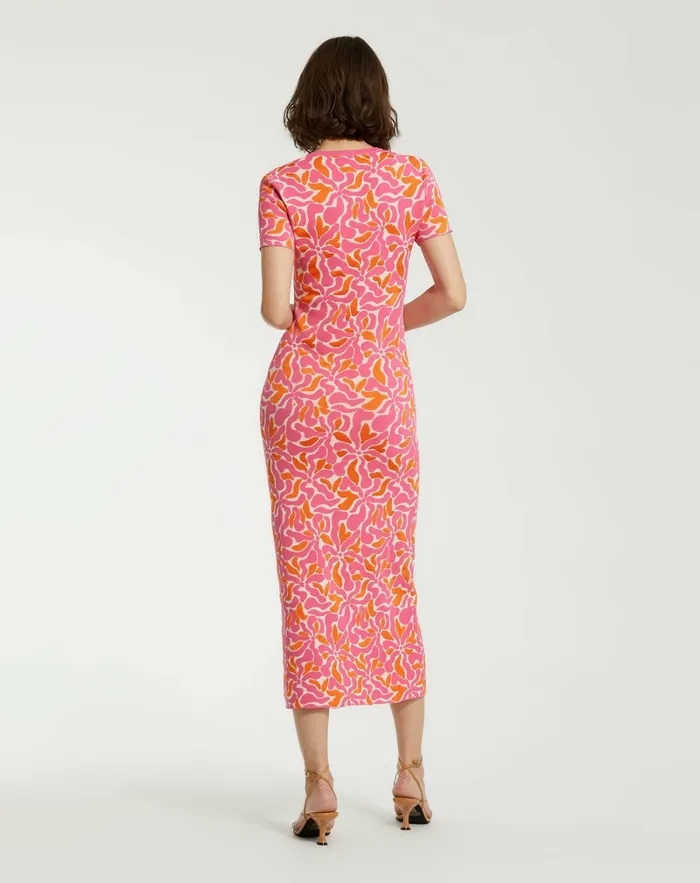 Mac Duggal Short Sleeve Scoop Neck Floral Knit Maxi Dress 8211 FINAL SALE Hot Pink Multi Women Every Day Dresses