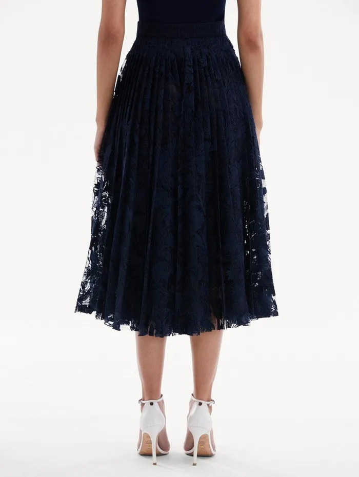 Marbled Carnation Guipure Pleated Skirt Navy Women Oscar De La Renta Pants and Skirts Marbled Carnation Guipure Pleated Skirt Navy Women Oscar De La Renta Pants and Skirts