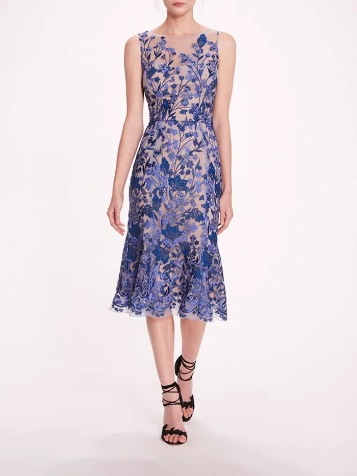 Marchesa Marchesa Notte Embroidered Tulle Midi Dress Blue 8211 Women