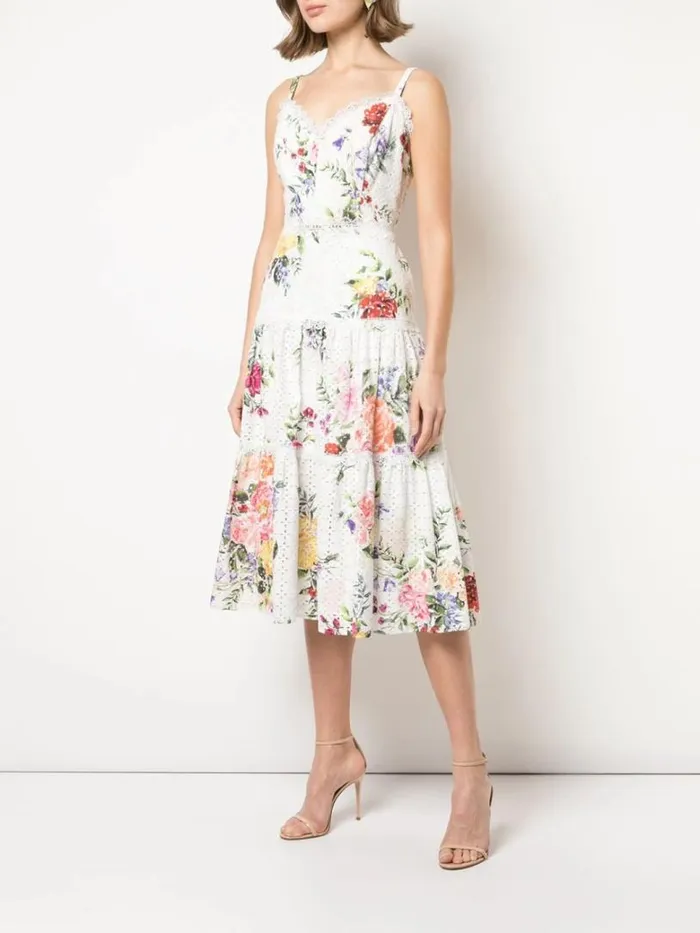 Marchesa Marchesa Notte Printed Sleeveless Eyelet Midi Ivory Multi 8211 Women