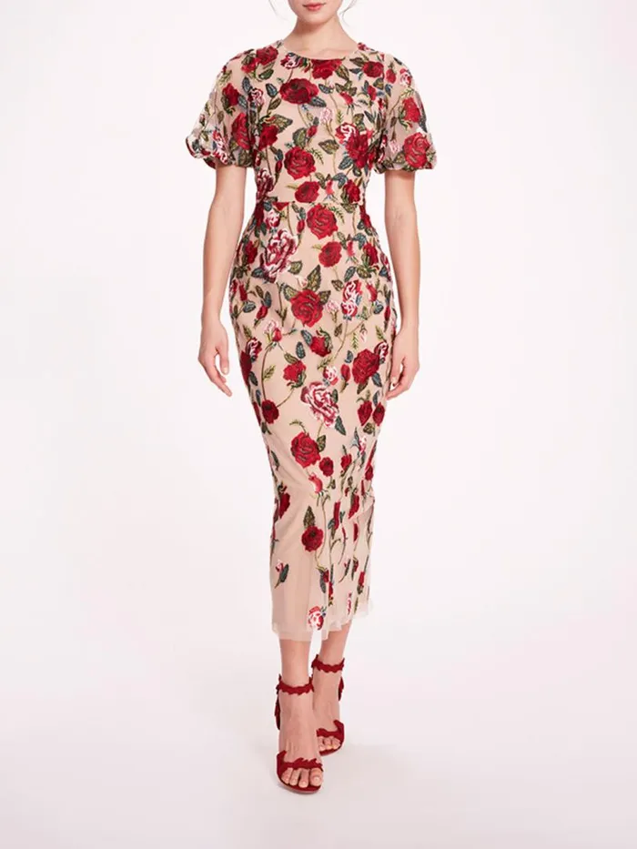 Marchesa Marchesa Notte Roses Tulle Midi Dress Red Nude 8211 Women