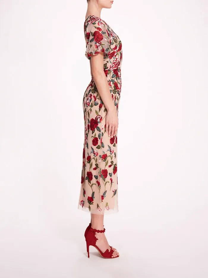 Marchesa Marchesa Notte Roses Tulle Midi Dress Red Nude 8211 Women