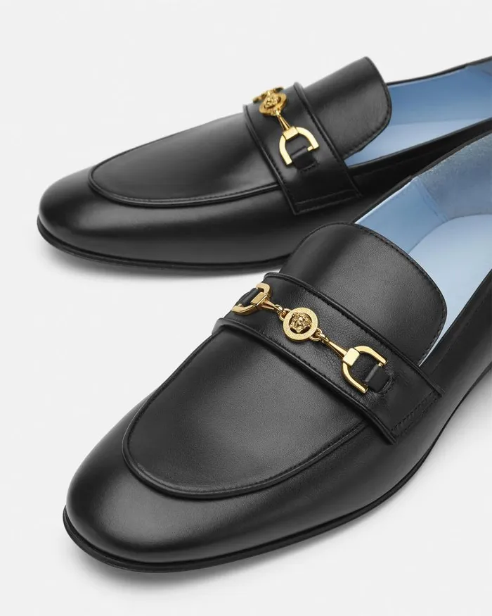 Medusa 03995 Leather Slippers Blackgold Men Versace Loafers and Slippers