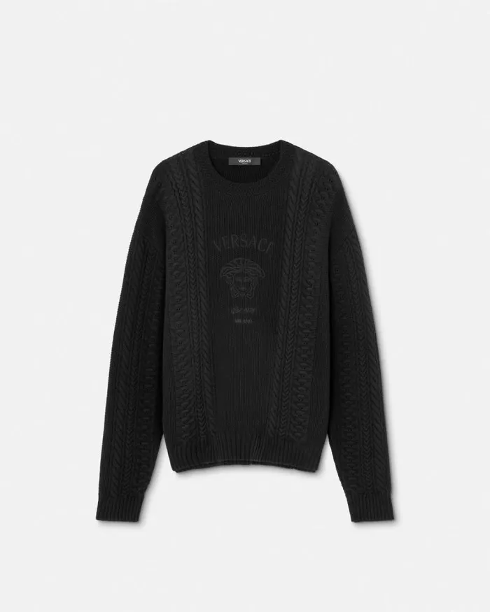 Medusa Milano CableKnit Sweater Black Men Versace Knitwear
