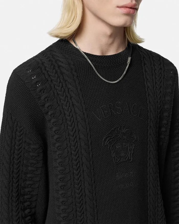 Medusa Milano CableKnit Sweater Black Men Versace Knitwear