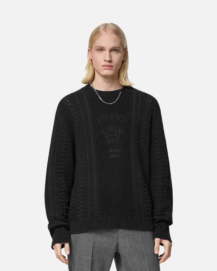 Medusa Milano CableKnit Sweater Black Men Versace Knitwear