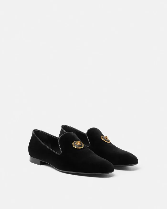 Medusa Velvet Slippers Blackgold Men Versace Loafers and Slippers