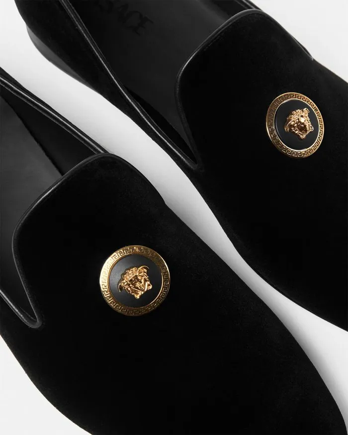 Medusa Velvet Slippers Blackgold Men Versace Loafers and Slippers