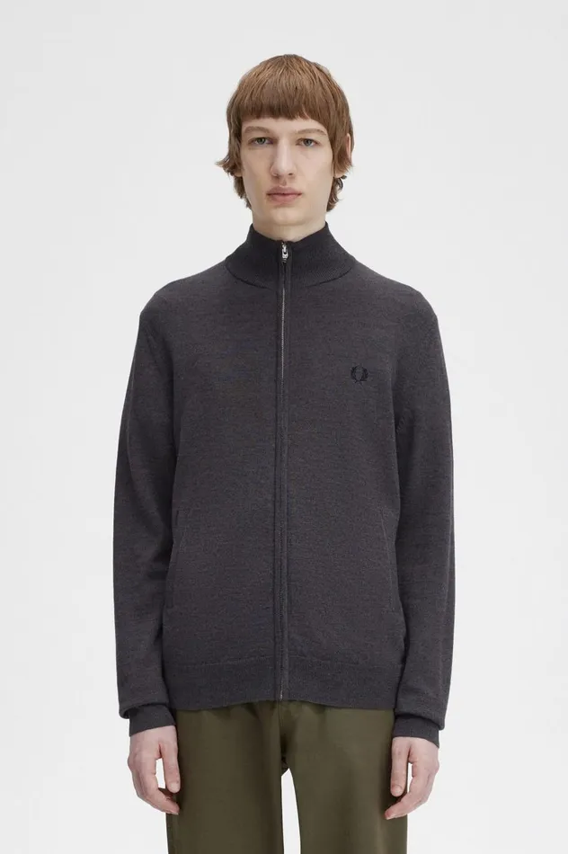 Men Classic Zip Through Cardigan Dark Grey Marl Fred Perry Knitwear
