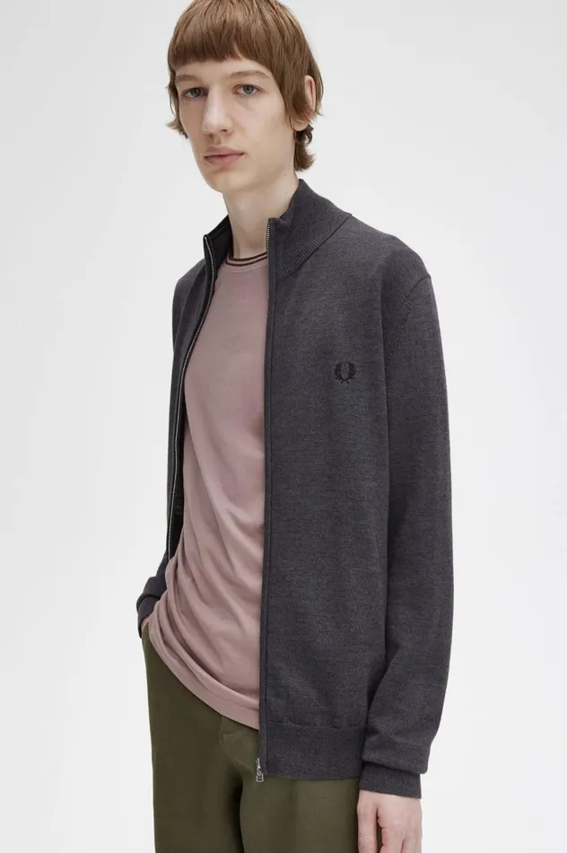 Men Classic Zip Through Cardigan Dark Grey Marl Fred Perry Knitwear