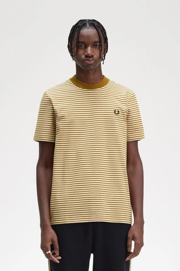 Men Fine Stripe Heavyweight TShirt Oatmealdark Caramel Fred Perry TShirts