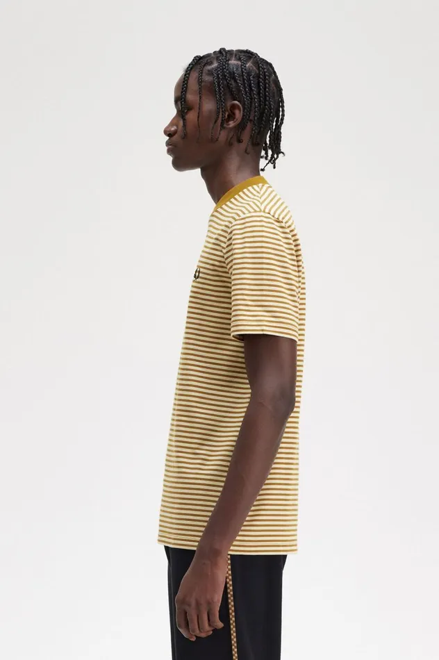 Men Fine Stripe Heavyweight TShirt Oatmealdark Caramel Fred Perry TShirts