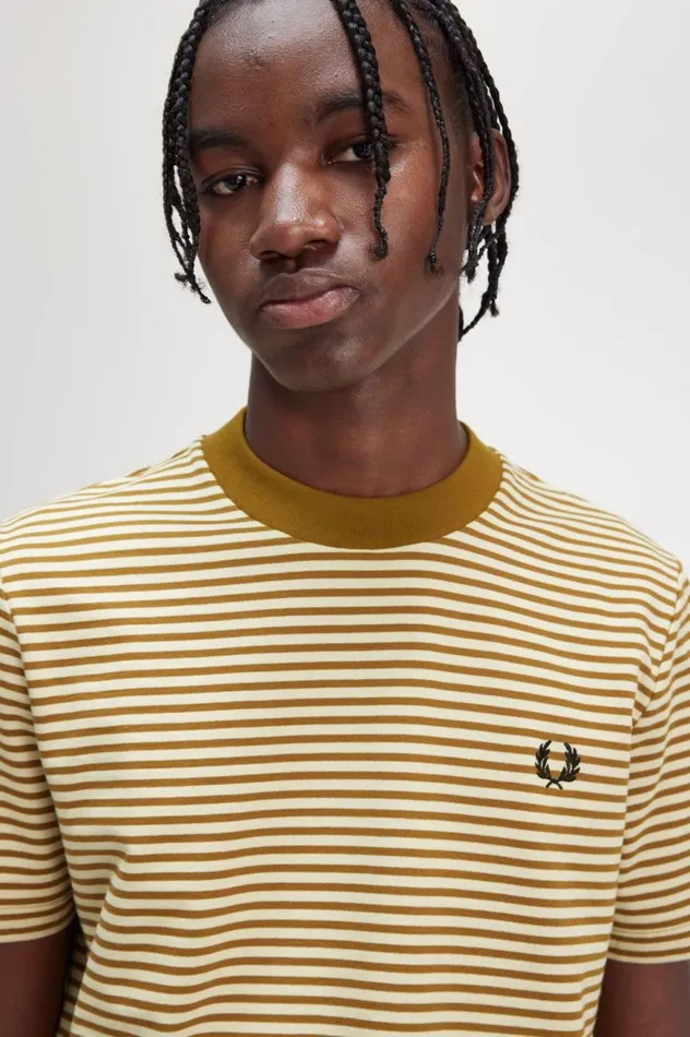 Men Fine Stripe Heavyweight TShirt Oatmealdark Caramel Fred Perry TShirts