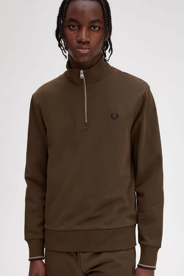 Men Half Zip Sweatshirt Burnt Tobacco Fred Perry Tracksuits