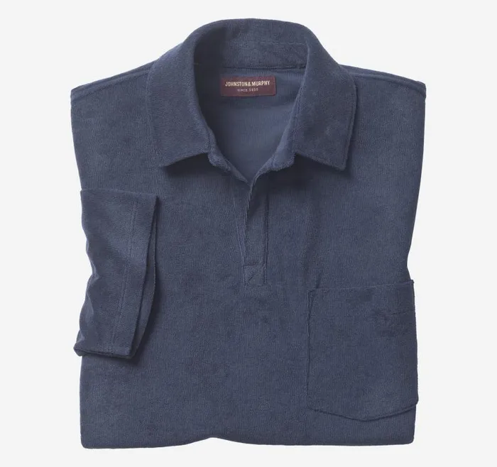 Men Johnston and Murphy Polos and Tees Terry Open Collar Polo Navy