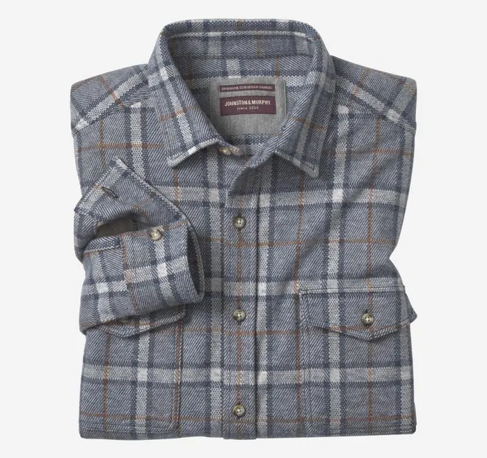 Men Johnston and Murphy Shirts Brushed ButtonFront Knit Blue Windowpane Plaid