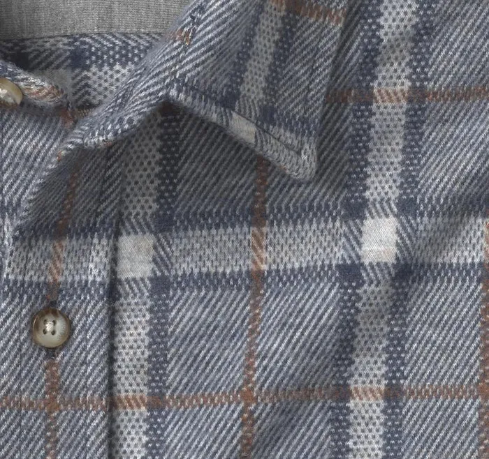 Men Johnston and Murphy Shirts Brushed ButtonFront Knit Blue Windowpane Plaid