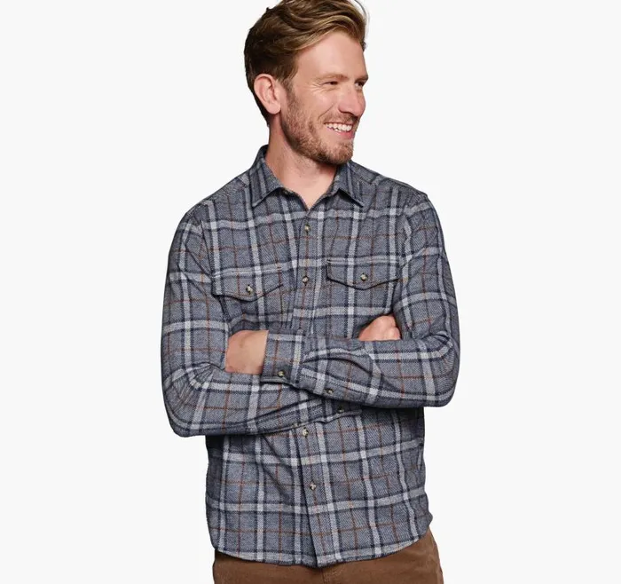 Men Johnston and Murphy Shirts Brushed ButtonFront Knit Blue Windowpane Plaid