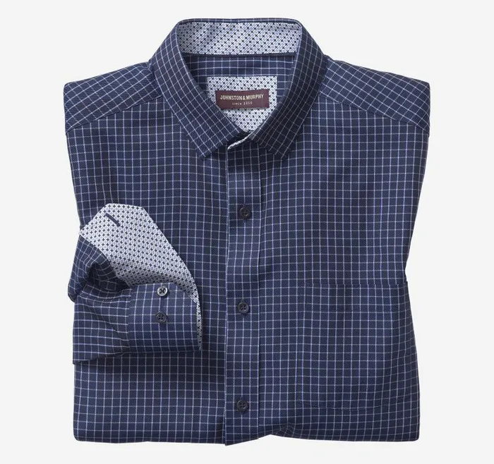 Men Johnston and Murphy Shirts Premium Cotton Shirts Navy Twill Windowpane