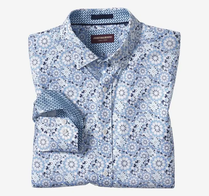 Men Johnston and Murphy Shirts Printed Cotton Shirt Light Blue Multipoint Star