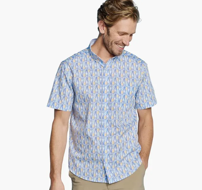 Men Johnston and Murphy ShortSleeve Shirts Printed Cotton ShortSleeve Shirt Bluemulti Pineapple