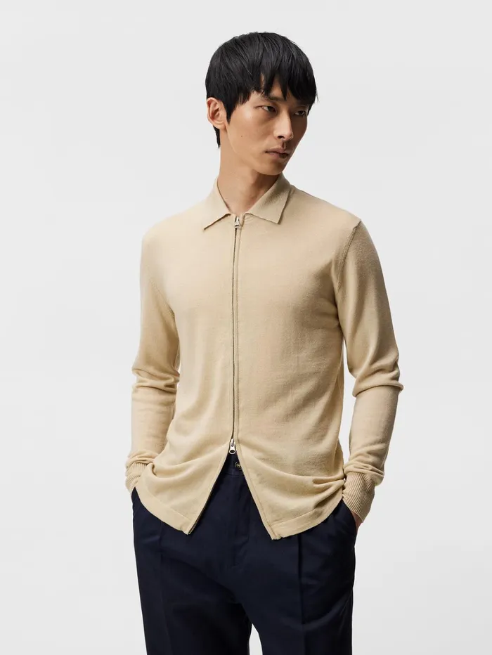 Men Nyle Merino Zip Cardigan Safari Beige JLindeberg Knitwear