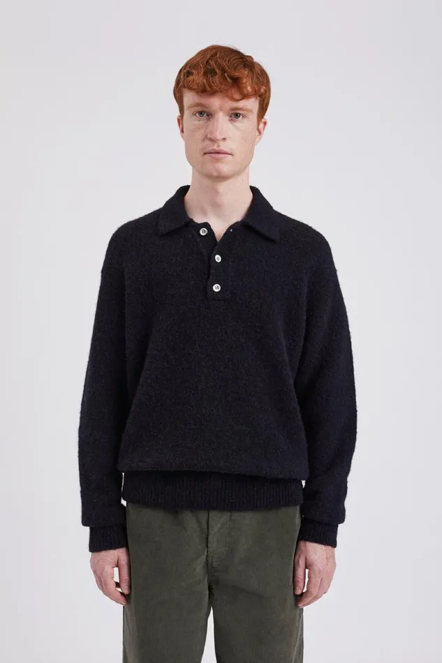 Men Rasmus Relaxed Brushed Polo Black Norse Projects Knitwear