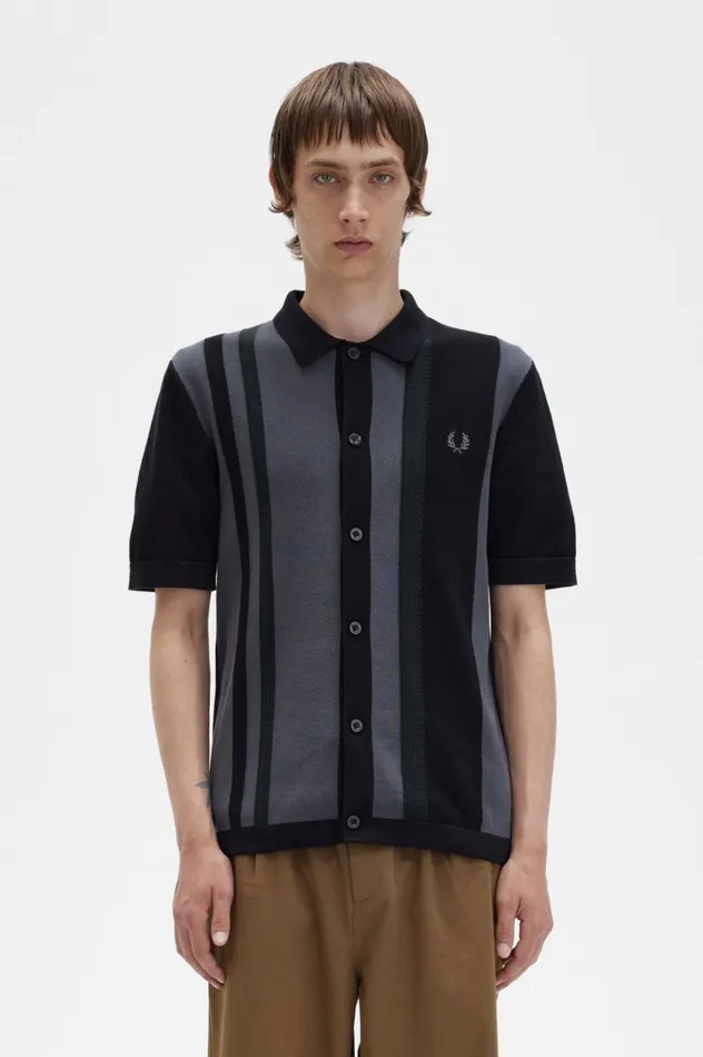 Men Striped Knitted Shirt Black Fred Perry Knitwear