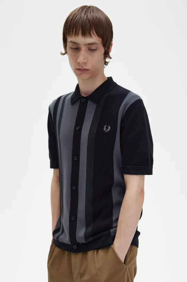 Men Striped Knitted Shirt Black Fred Perry Knitwear