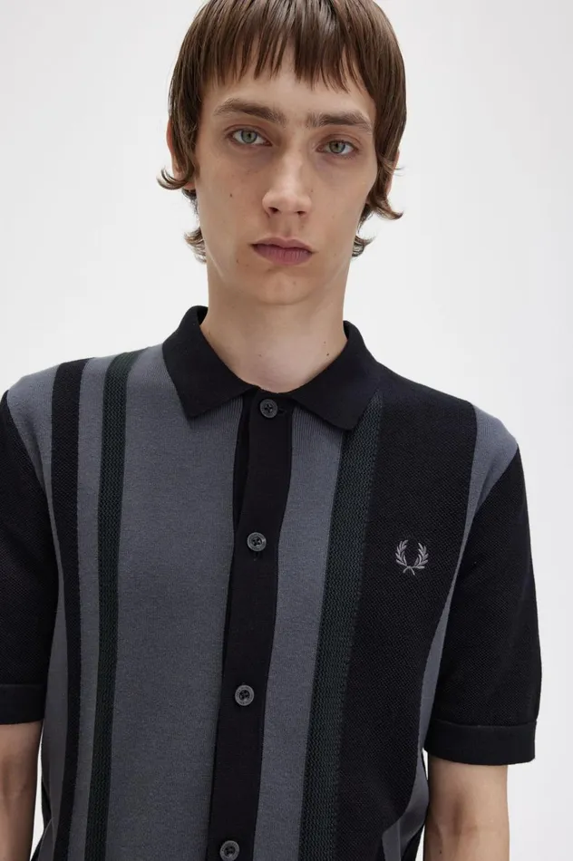Men Striped Knitted Shirt Black Fred Perry Knitwear