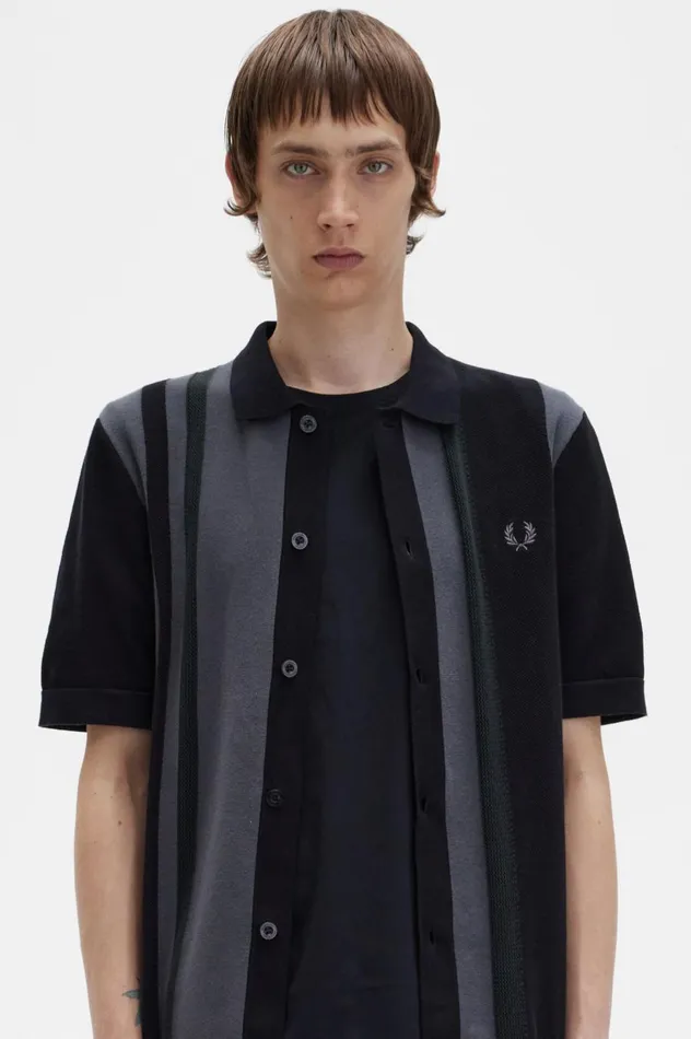 Men Striped Knitted Shirt Black Fred Perry Knitwear