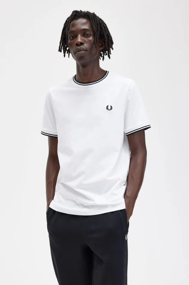 Men Twin Tipped TShirt White Fred Perry TShirts