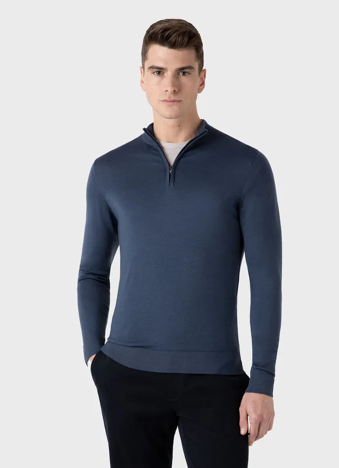 Men ussunspel ExtraFine Merino Zip Neck Slate Blue Knitwear Men ussunspel ExtraFine Merino Zip Neck Slate Blue Knitwear