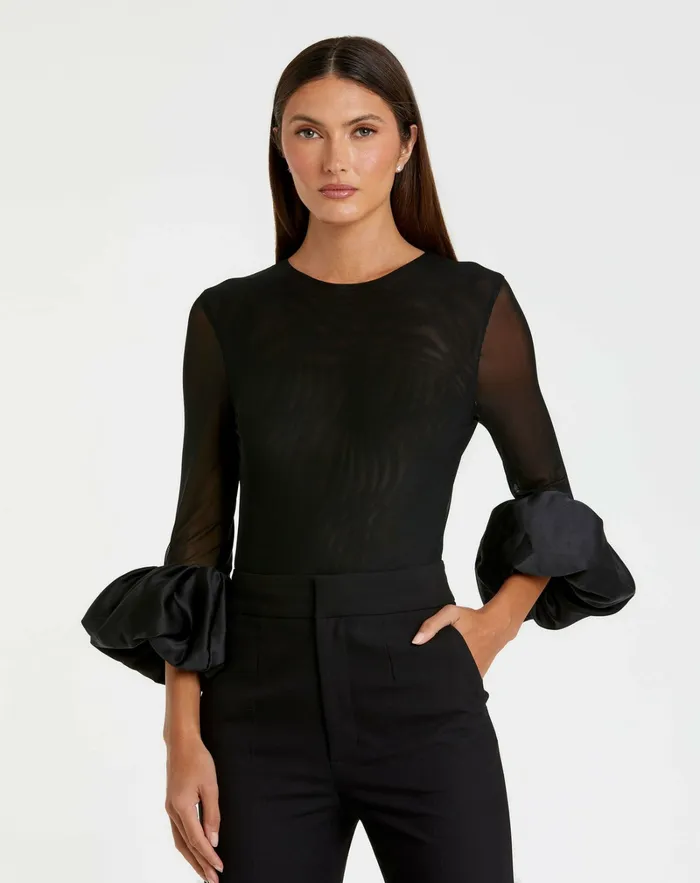 Mesh Long Sleeve Bodysuit With Satin Puff Sleeve 8211 FINAL SALE Black Women Blouses and Tops Mac Duggal Mesh Long Sleeve Bodysuit With Satin Puff Sleeve 8211 FINAL SALE Black Women Blouses and Tops Mac Duggal
