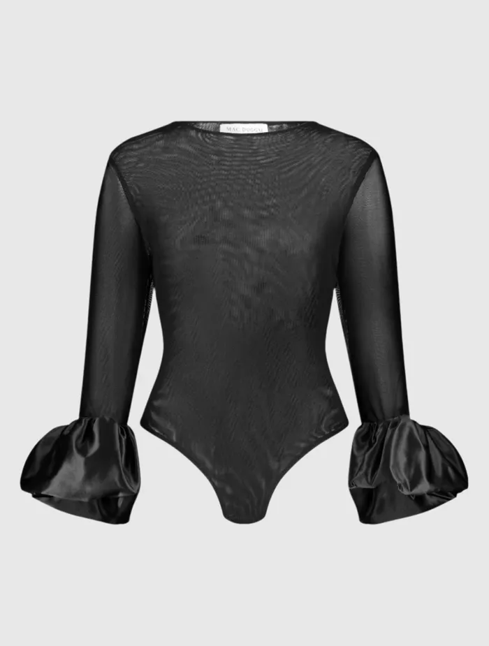 Mesh Long Sleeve Bodysuit With Satin Puff Sleeve 8211 FINAL SALE Black Women Blouses and Tops Mac Duggal