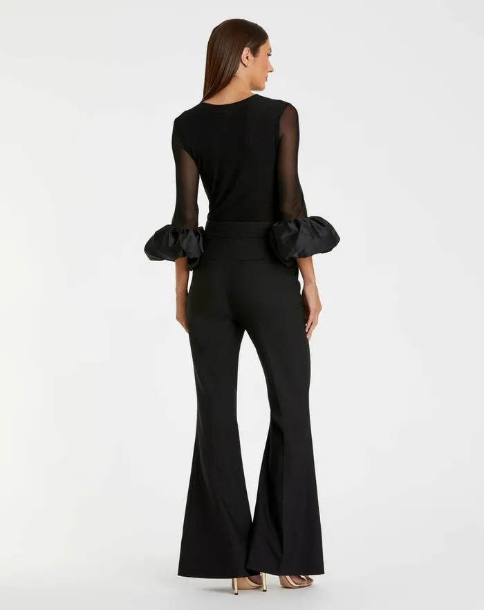 Mesh Long Sleeve Bodysuit With Satin Puff Sleeve 8211 FINAL SALE Black Women Blouses and Tops Mac Duggal