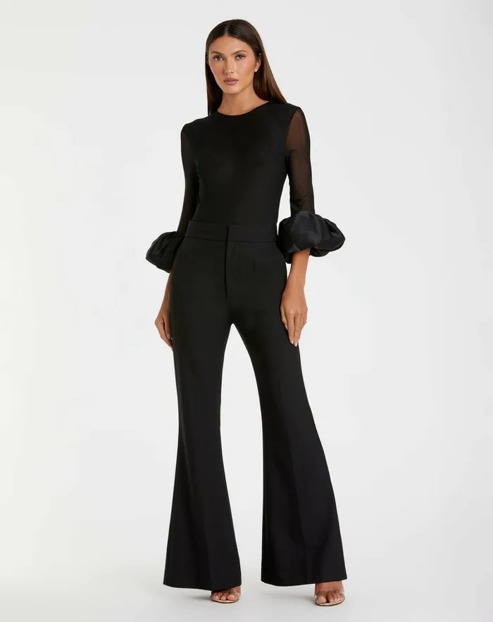 Mesh Long Sleeve Bodysuit With Satin Puff Sleeve 8211 FINAL SALE Black Women Blouses and Tops Mac Duggal