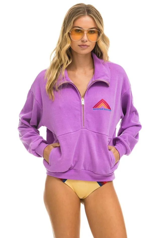 Mountain Embroidery Half Zip Sweatshirt 8211 Neon Purple WomenMen Aviator Nation Sweatshirts Mountain Embroidery Half Zip Sweatshirt 8211 Neon Purple WomenMen Aviator Nation Sweatshirts