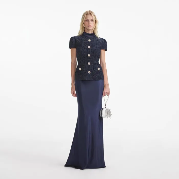 Navy Metallic Boucle Maxi Dress Women Self Portrait Wedding Guest