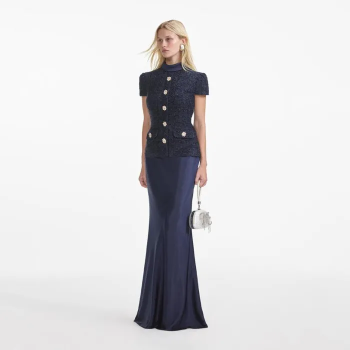 Navy Metallic Boucle Maxi Dress Women Self Portrait Wedding Guest Navy Metallic Boucle Maxi Dress Women Self Portrait Wedding Guest