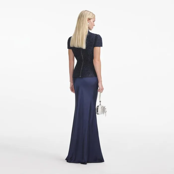 Navy Metallic Boucle Maxi Dress Women Self Portrait Wedding Guest Navy Metallic Boucle Maxi Dress Women Self Portrait Wedding Guest