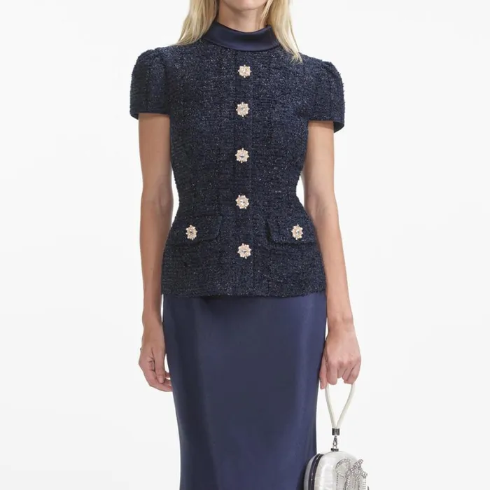 Navy Metallic Boucle Maxi Dress Women Self Portrait Wedding Guest Navy Metallic Boucle Maxi Dress Women Self Portrait Wedding Guest