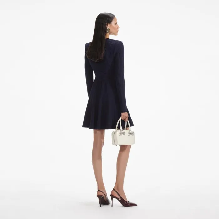Navy Pointelle Knit Mini Dress Women Self Portrait Dresses Navy Pointelle Knit Mini Dress Women Self Portrait Dresses