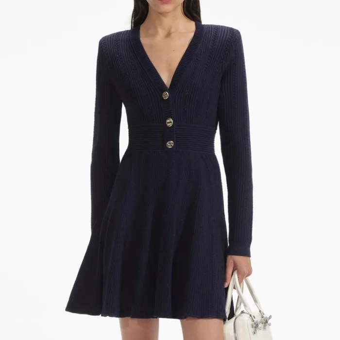 Navy Pointelle Knit Mini Dress Women Self Portrait Dresses Navy Pointelle Knit Mini Dress Women Self Portrait Dresses