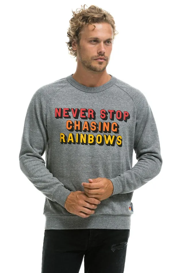 Never Stop Chasing Rainbows Crew Sweatshirt 8211 Heather Grey WomenMen Aviator Nation Sweatshirts
